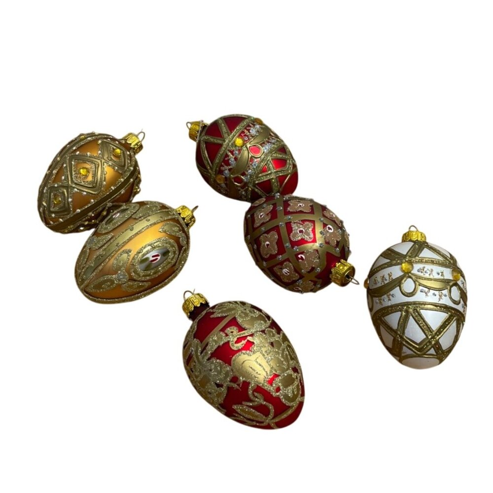 Vtg Handblown Christmas Egg Ornaments w Glitter and Jewel Accents Set of 6